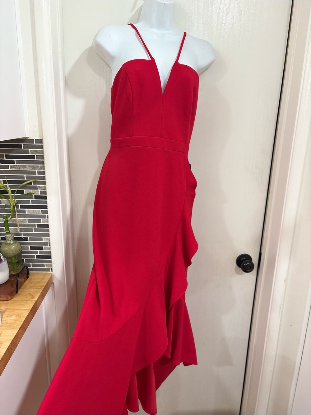 Xscape Red One-Shoulder Ruffle Evening Gown - Picture 5 of 8